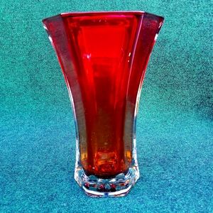 Hoosier Glass Ruby Red 10” Tall Glass Vase 6 Sided 4041 ~ Vintage 4lbs 5oz